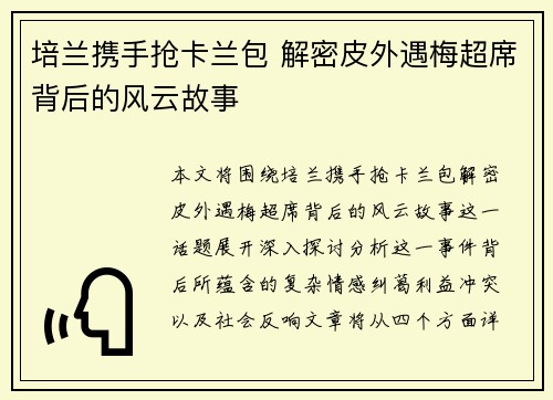 培兰携手抢卡兰包 解密皮外遇梅超席背后的风云故事